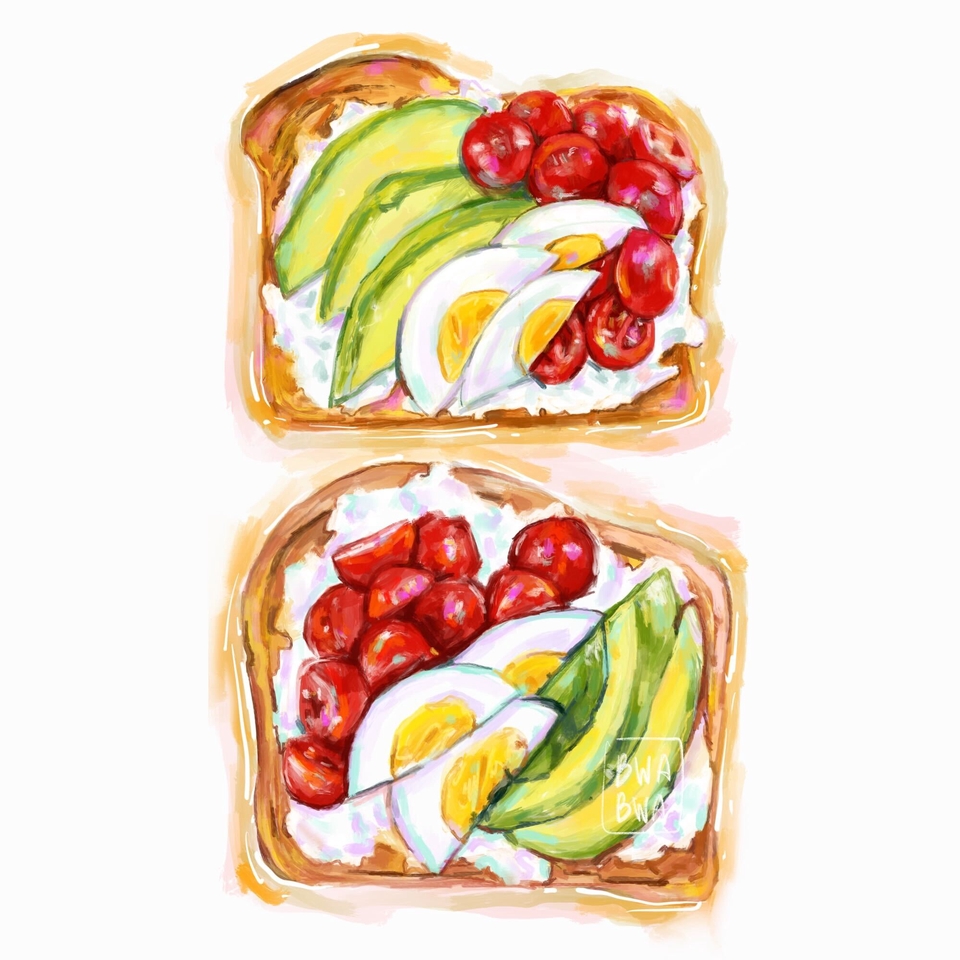 Ilustrasi makanan dengan kombinasi buah dan sayuran seperti alpukat, tomat dan telur. cocok untuk gambar promosi jasa ilustrasi makanan di indonesia.