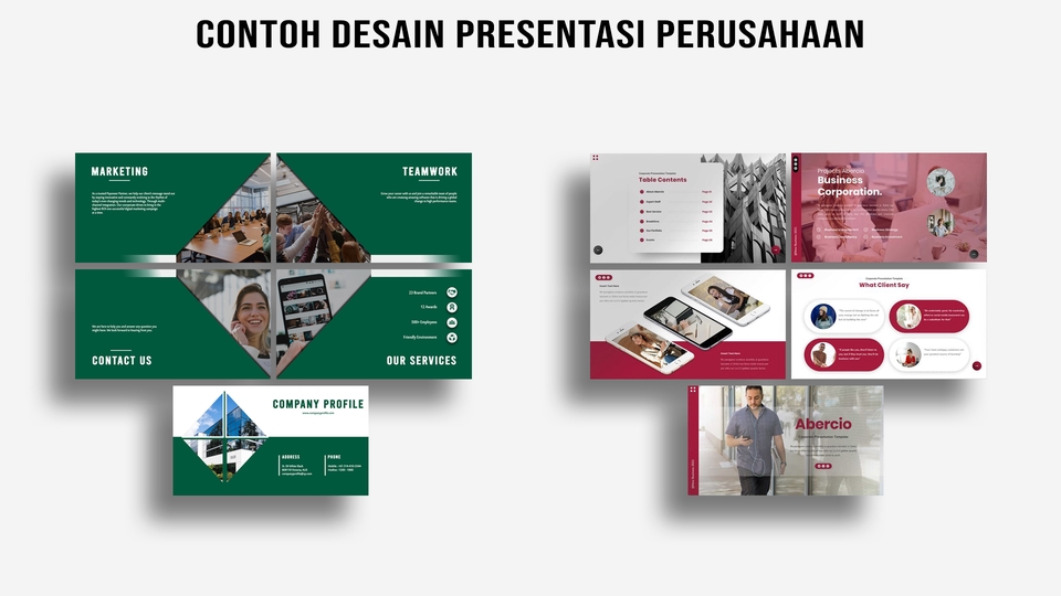 Contoh desain presentasi perusahaan dengan tema modern dan profesional. Cocok untuk presentasi bisnis, proposal, atau seminar. Desain power point dengan skema warna hijau dan merah, modern dan estetis. Jasa desain presentasi powerpoint, jasa pembuatan presentasi, jasa buat ppt, desain ppt,  membuat slide presentasi.