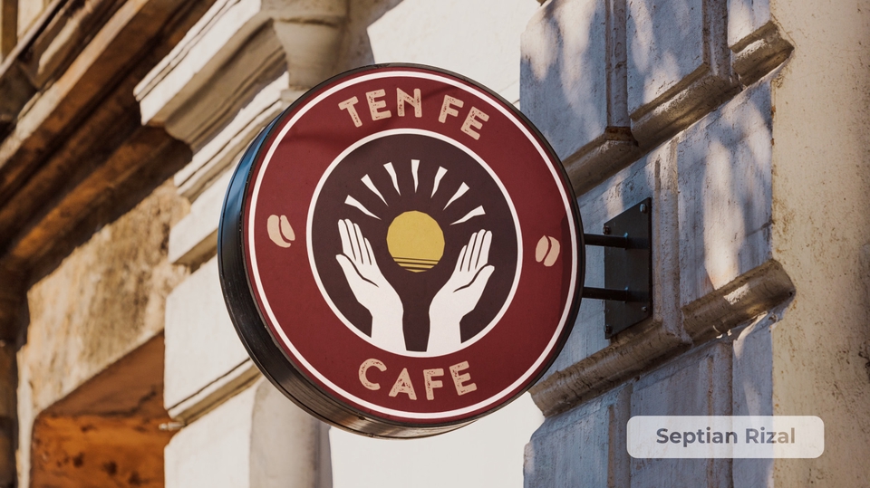 Desain logo cafe "Ten Fe Cafe" dengan konsep matahari terbit dan tangan terbuka. Jasa desain logo online di Indonesia.