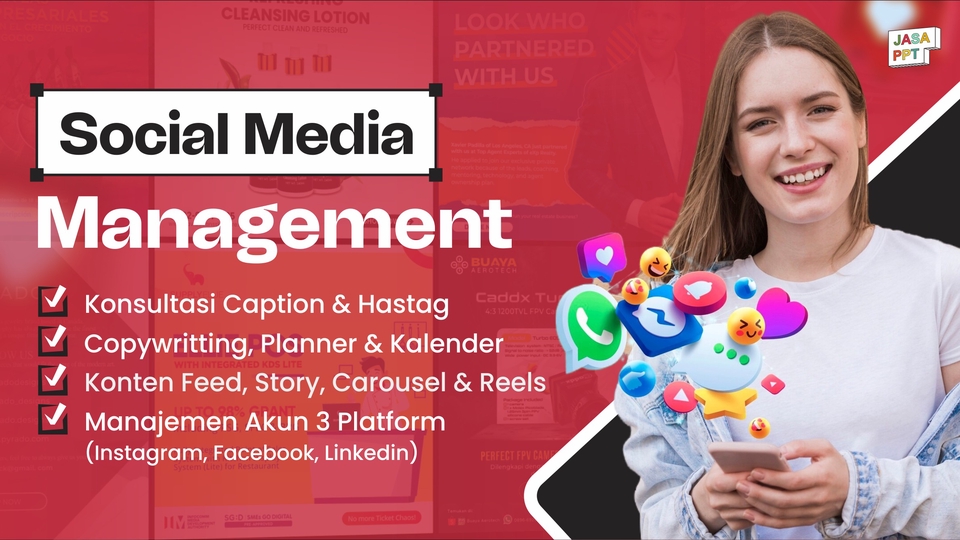 Jasa Sosial Media Management dengan Layanan Konsultasi Caption dan Hashtag, Copywriting, Content Feed, Story, Carousel dan Reels serta Manajemen Akun di 3 Platform (Instagram, Facebook dan Linkedin)