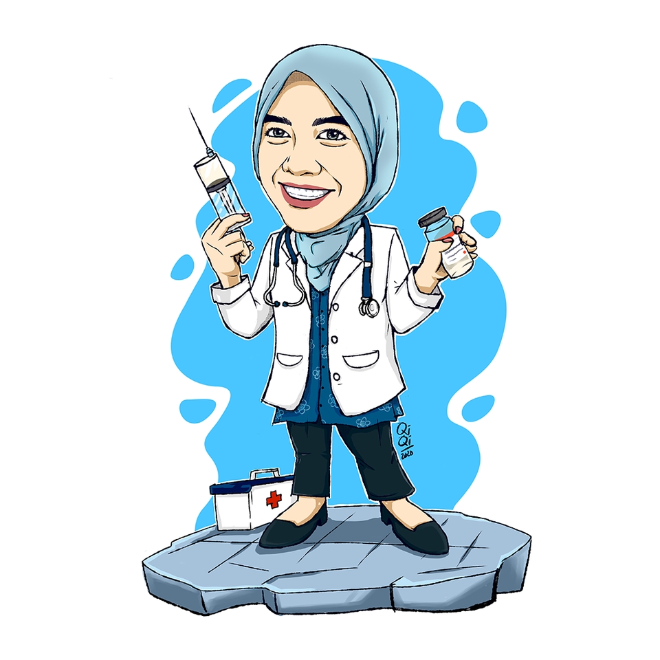 Ilustrasi kartun dokter wanita dengan jarum suntik dan botol obat, cocok untuk desain branding klinik kesehatan