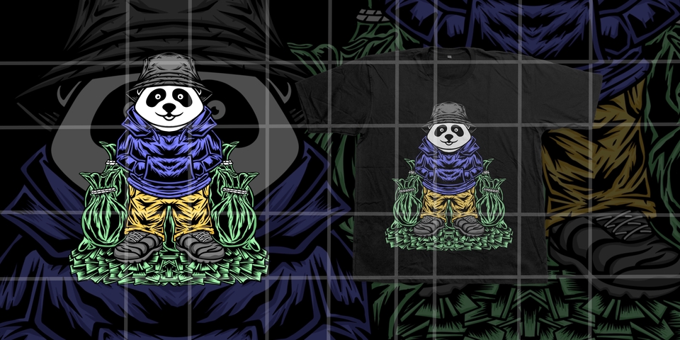 Desain kaos distro keren dengan gambar panda memakai topi dan membawa tas.
