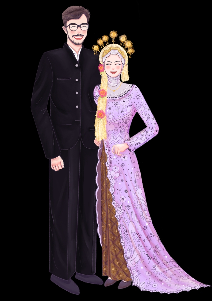 Ilustrasi pasangan pengantin dalam pakaian adat Jawa, ilustrasi pernikahan, gambar pengantin, ilustrasi pasangan