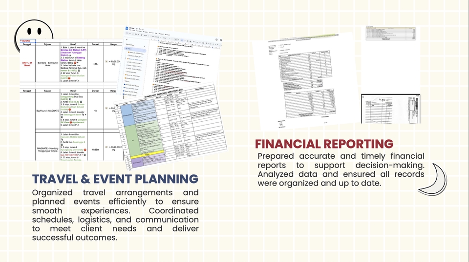 Jasa asisten virtual: perencanaan perjalanan dan pelaporan keuangan. Freelancer handal.