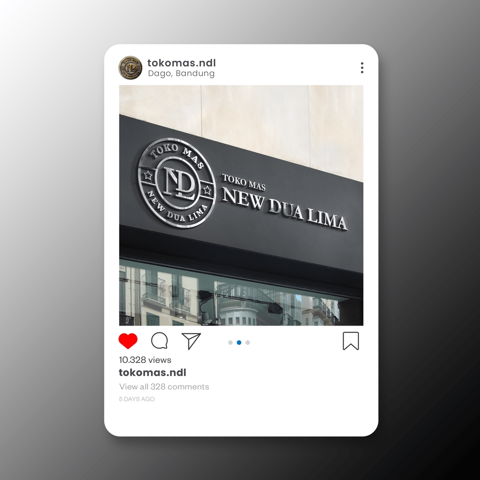 Jasa desain logo online toko mas "New Dua Lima" dengan desain logo berwarna emas dan latar belakang hitam.