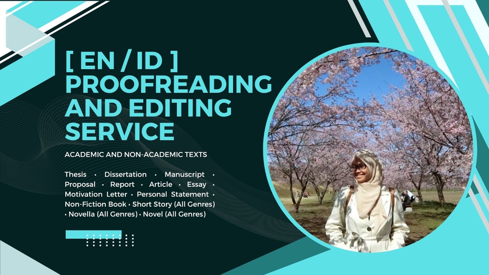 Jasa Proofreading dan Editing untuk Naskah Akademik dan Non-Akademik - Inggris dan Indonesia. Layanan kami meliputi Thesis, Dissertation, Proposal, Report, Article, Essay, Motivation Letter, Personal Statement, Non-Fiction Book, Short Story, Novella, dan Novel.