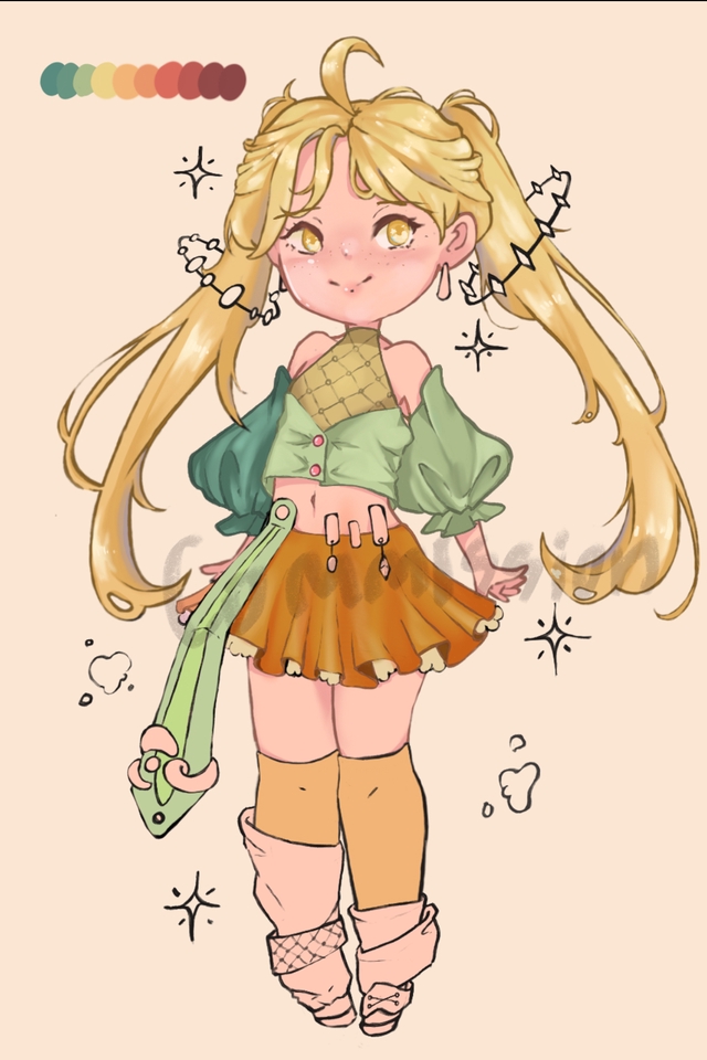 รับวาดการ์ตูนน่ารัก สไตล์อนิเมะ หญิงผมทอง ชุดน่ารัก