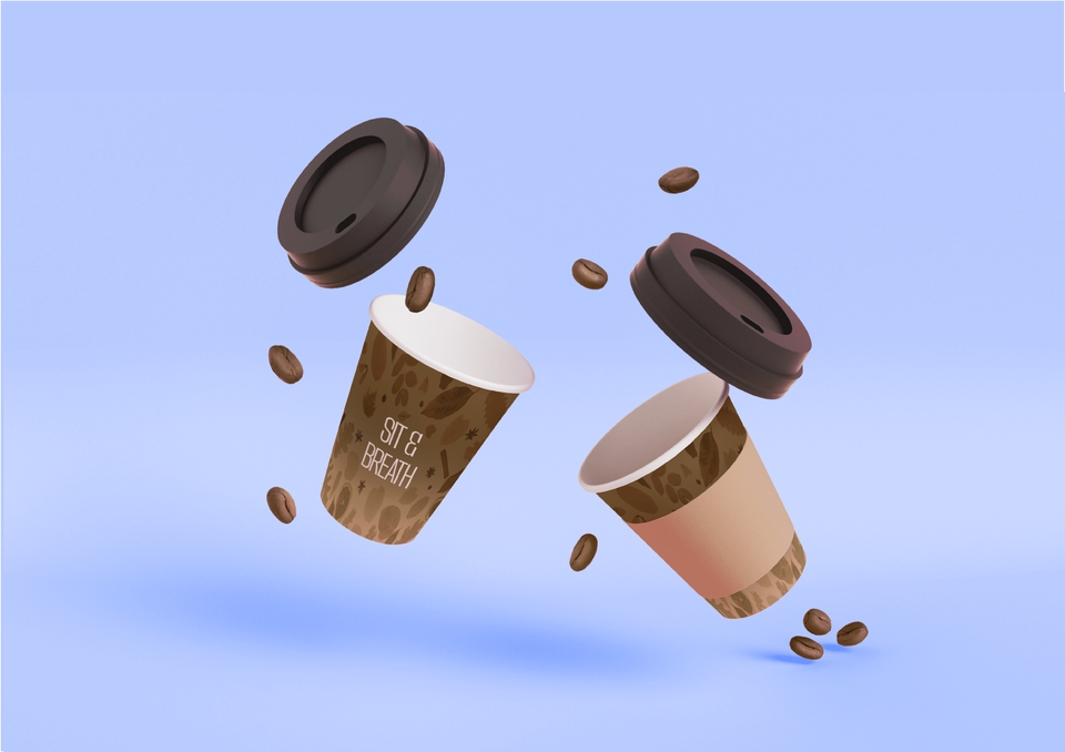 Desain kemasan minuman kopi unik dengan tema "sit & breath" dengan tambahan desain ilustrasi coffee beans dan toples kopi yang bisa kamu gunakan untuk ide desain packaging.