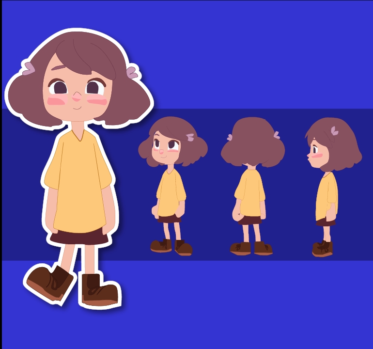 Jasa desain karakter kartun lucu dengan rambut cokelat, pakaian kuning, dan sepatu coklat, cocok untuk game, animasi, atau vtuber.