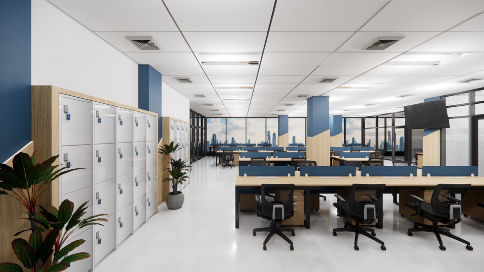 Desain interior kantor modern dengan meja kerja dan loker karyawan.