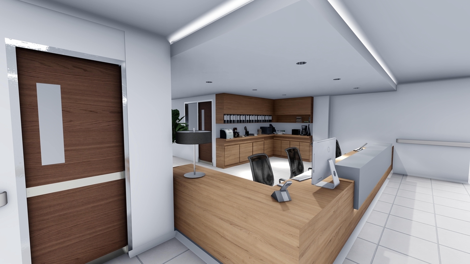 Jasa desain interior kantor minimalis dengan reception desk modern dan ruang kerja profesional