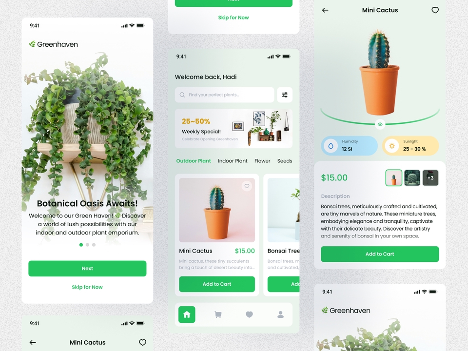 Desain UI UX untuk aplikasi mobile dengan tema tanaman dan botani, menampilkan berbagai jenis tanaman dalam sebuah aplikasi mobile.