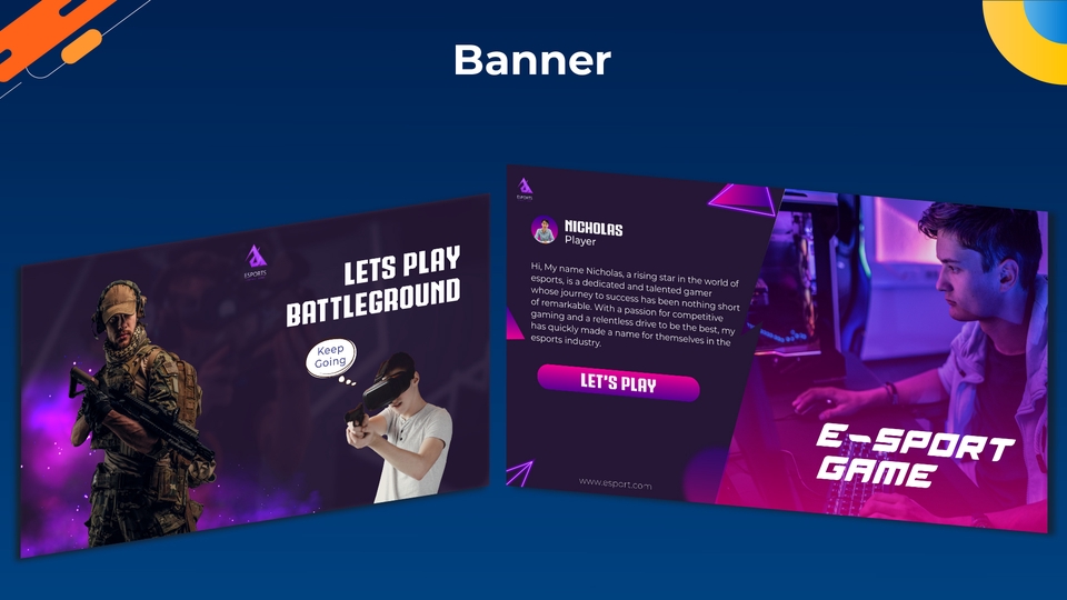 Desain banner game online dengan tema e-sport untuk menarik perhatian gamer di Indonesia.