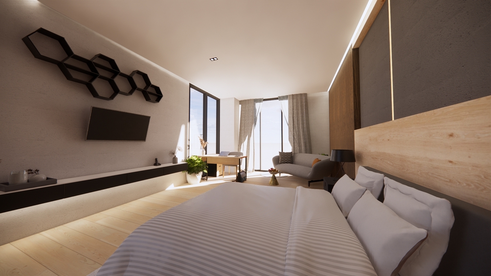 Jasa desain interior 3d ruang tidur minimalis modern dengan desain rak dinding hexagonal dan jendela besar.