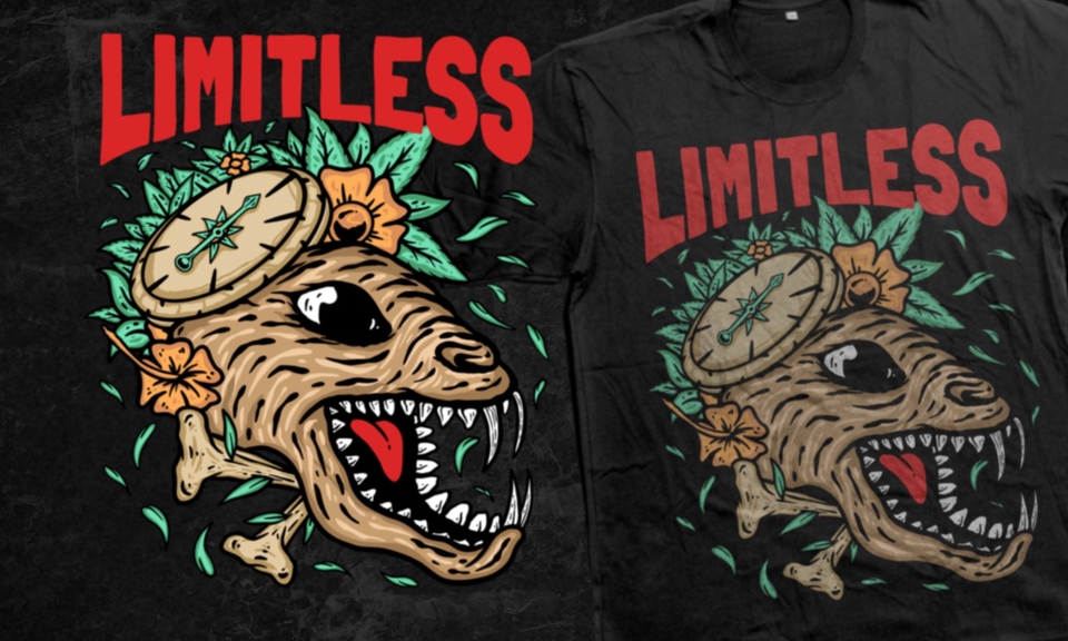 Desain kaos distro dengan motif kepala binatang dan tulisan "Limitless"