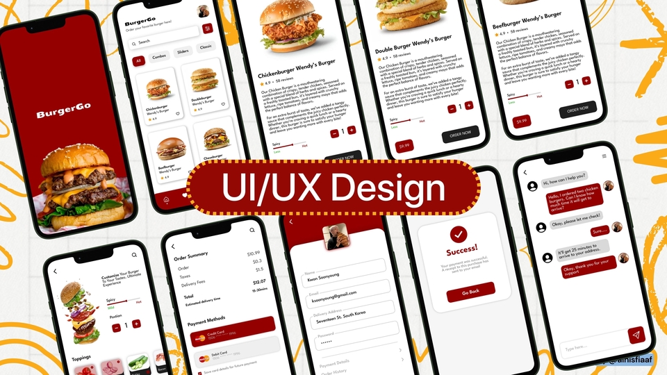 Desain UI UX untuk aplikasi mobile dengan tema makanan, menampilkan contoh tampilan antarmuka dan mockup aplikasi.