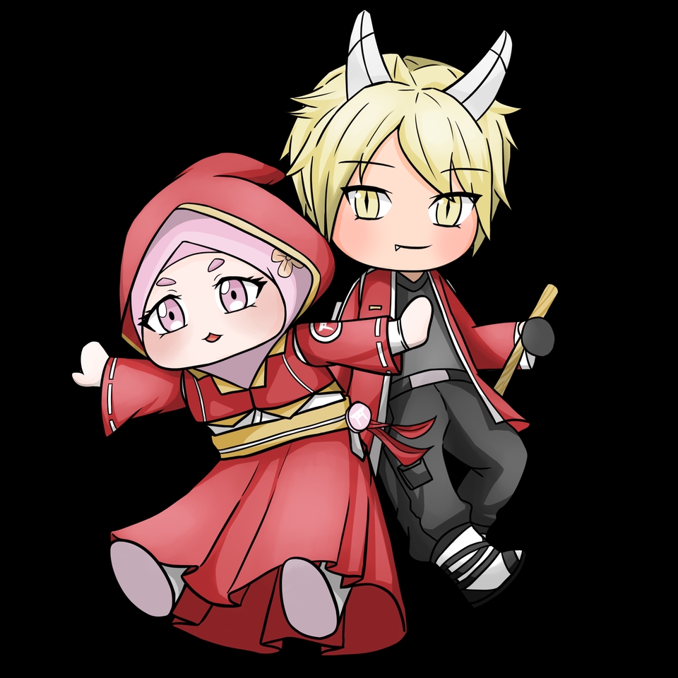 Ilustrasi kartun lucu seorang wanita dan pria berpakaian merah