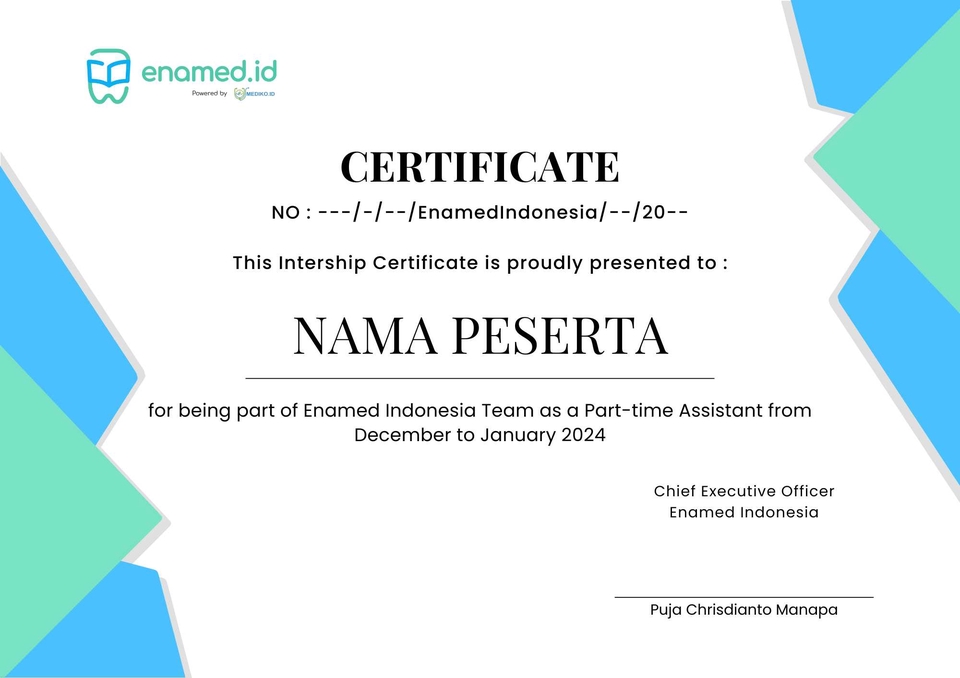 Sertifikat magang sebagai Asisten Part-time untuk tim Enamed Indonesia dari Desember hingga Januari 2024