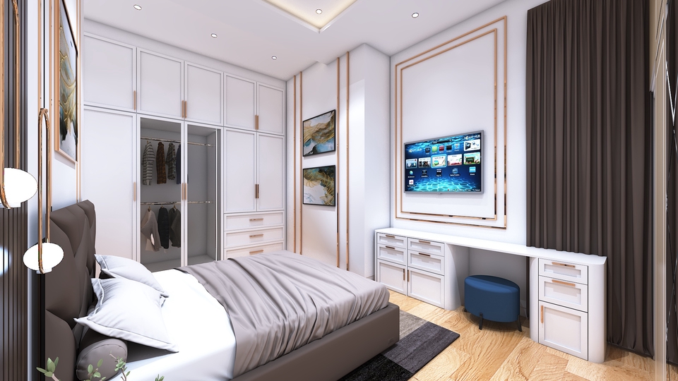 Desain interior kamar tidur minimalis modern dengan lemari pakaian dan televisi, cocok untuk inspirasi desain interior apartemen atau rumah.
