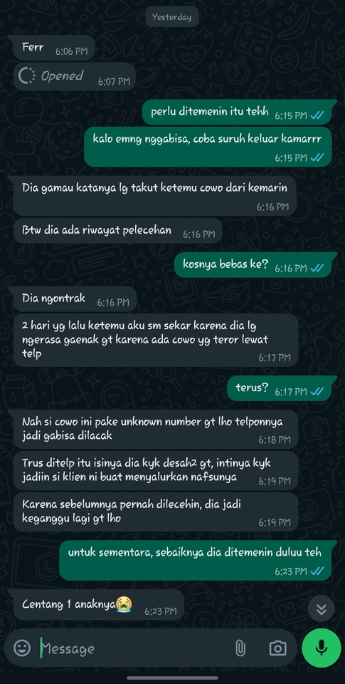 Chat WhatsApp tentang layanan konsultasi psikologi online dan konseling dengan psikolog untuk self development dan self improvement.