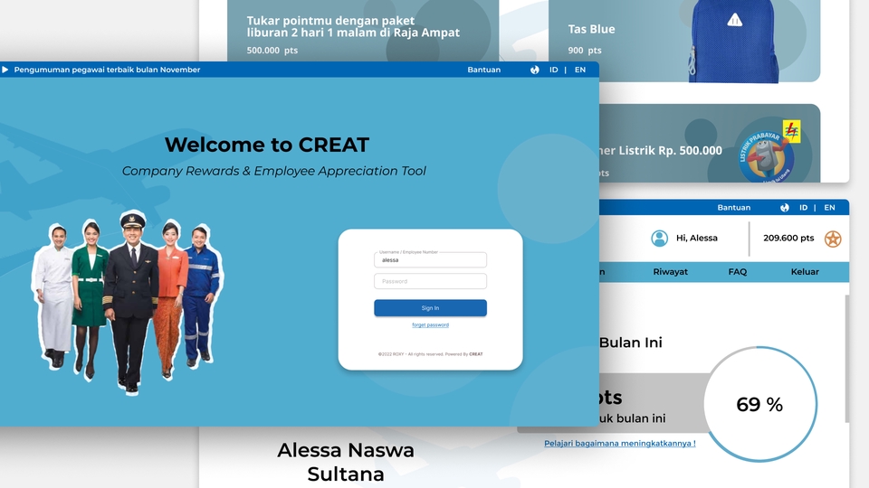 Desain UI UX dengan tema perusahaan untuk platform hadiah dan apresiasi karyawan, tampilan web modern dan profesional.