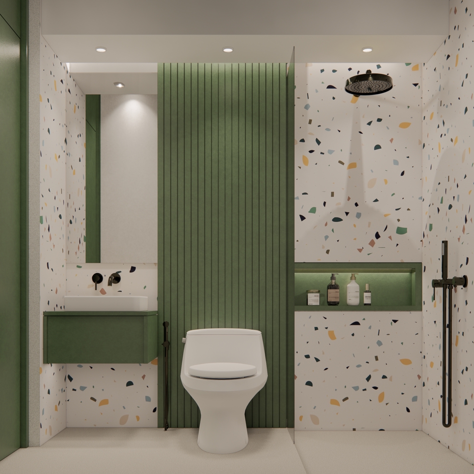 Desain lemari kamar mandi minimalis dengan warna hijau dan putih