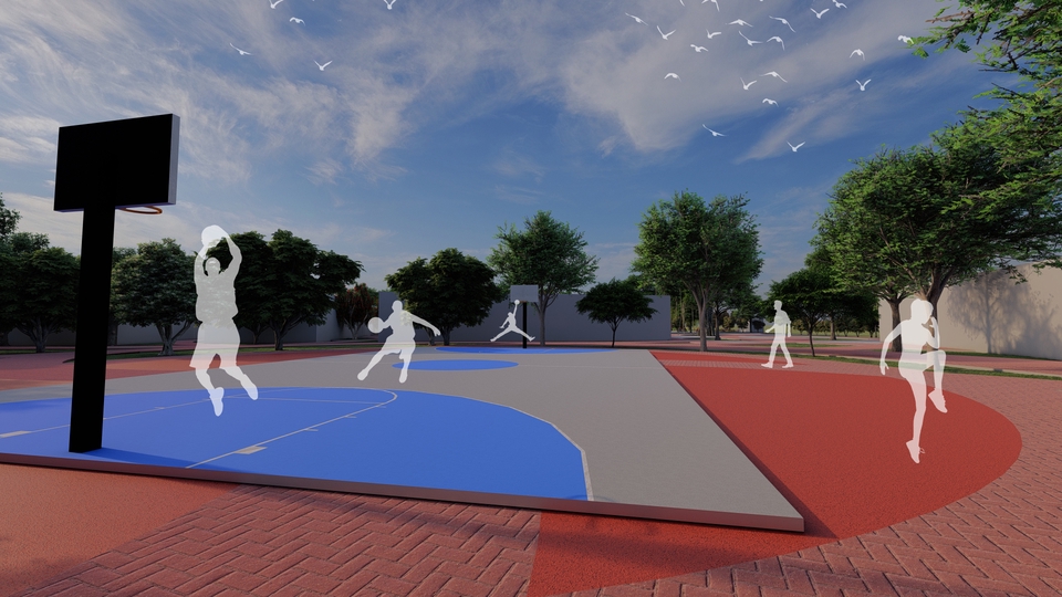 Jasa pembuatan video animasi 3d untuk lapangan basket dengan desain unik dan modern.