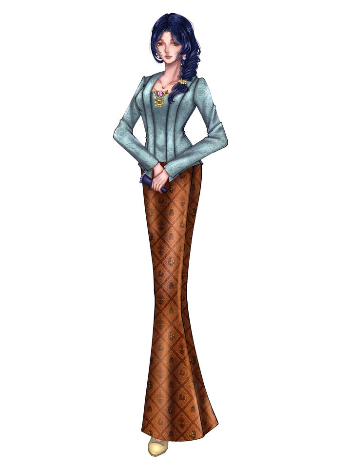 Ilustrasi wanita berambut biru dengan baju biru dan rok batik coklat