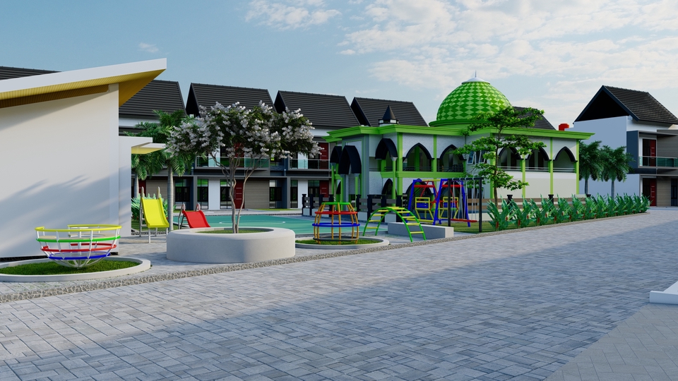 Jasa desain exterior 3d untuk rumah minimalis dengan kolam renang dan taman hijau