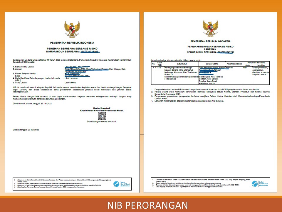 Contoh dokumen legalitas NIB Perseorangan. Jasa pengurusan NIB, legal konsultan, layanan hukum, legal online.