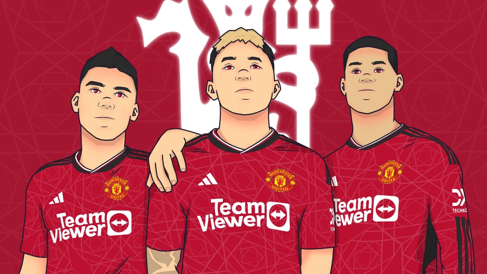 Jasa ilustrasi digital dengan desain gambar kartun tiga orang mengenakan jersey sepak bola dengan logo Teamviewer.