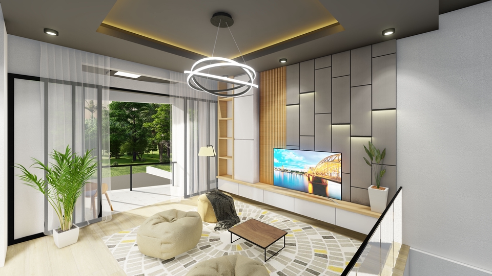 Jasa desain interior minimalis dengan ruang tamu, dapur, dan kamar tidur yang luas.