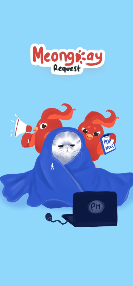 Ilustrasi kartun lucu kucing memakai selimut biru dengan dua karakter hewan merah