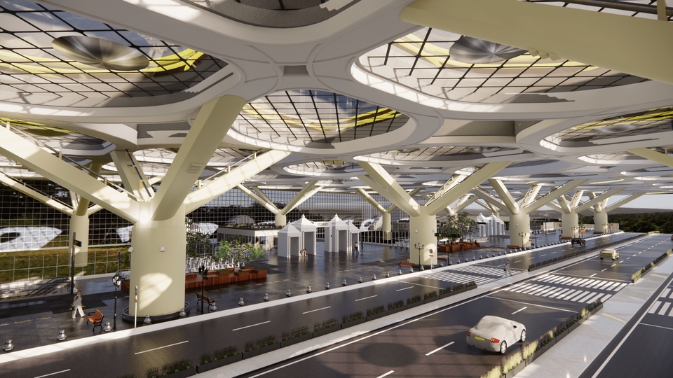 Jasa Desain Exterior 3D Untuk Gedung Bandara dengan Konsep Futuristik Modern