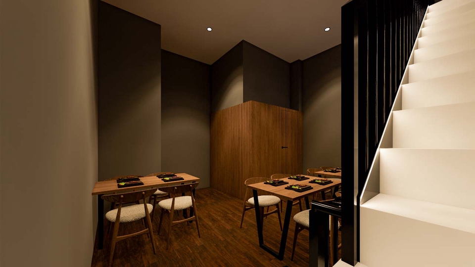 Jasa desain interior minimalis untuk cafe dengan meja dan kursi kayu