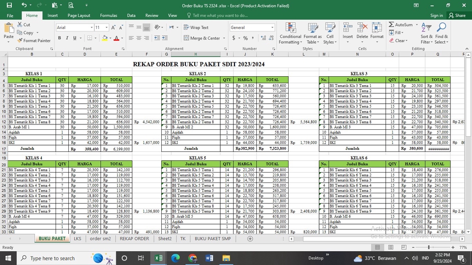 Jasa input data excel rekap order buku paket SD IT 2023-2024