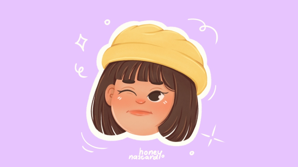 Ilustrasi kartun wanita lucu dengan topi kuning, cocok untuk desain karakter, avatar, ilustrasi cerita, atau konten media sosial.