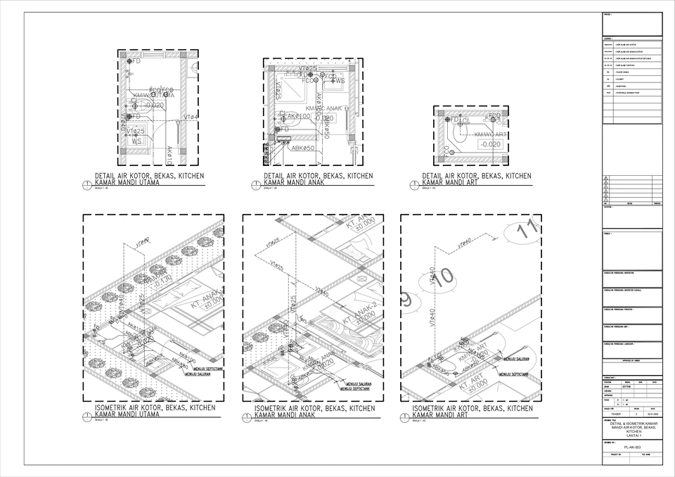 Jasa drafter autocad murah pembuatan gambar desain denah layout untuk kamar mandi utama dan kamar mandi anak di dapur dan ruang makan.