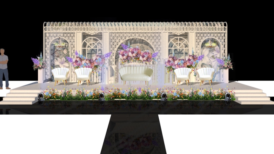 Desain panggung pernikahan 3d dengan dekorasi bunga dan kursi putih untuk jasa desain interior dan eksterior 3d