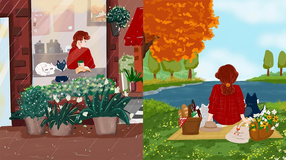 รับวาดภาพประกอบ สไตล์น่ารัก คนกับสัตว์เลี้ยง