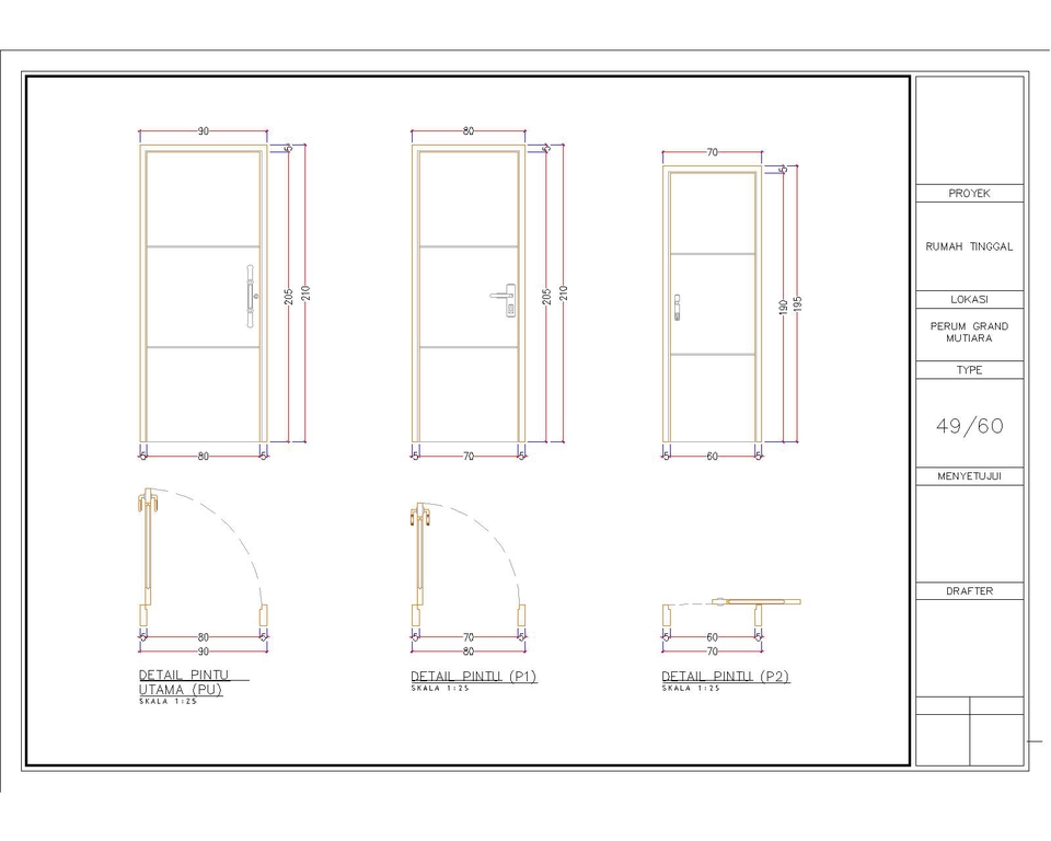 Jasa drafter autocad murah untuk desain pintu rumah minimalis.