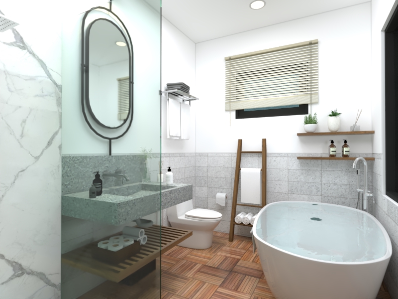 Desain interior kamar mandi minimalis modern dengan bathtub dan rak kayu