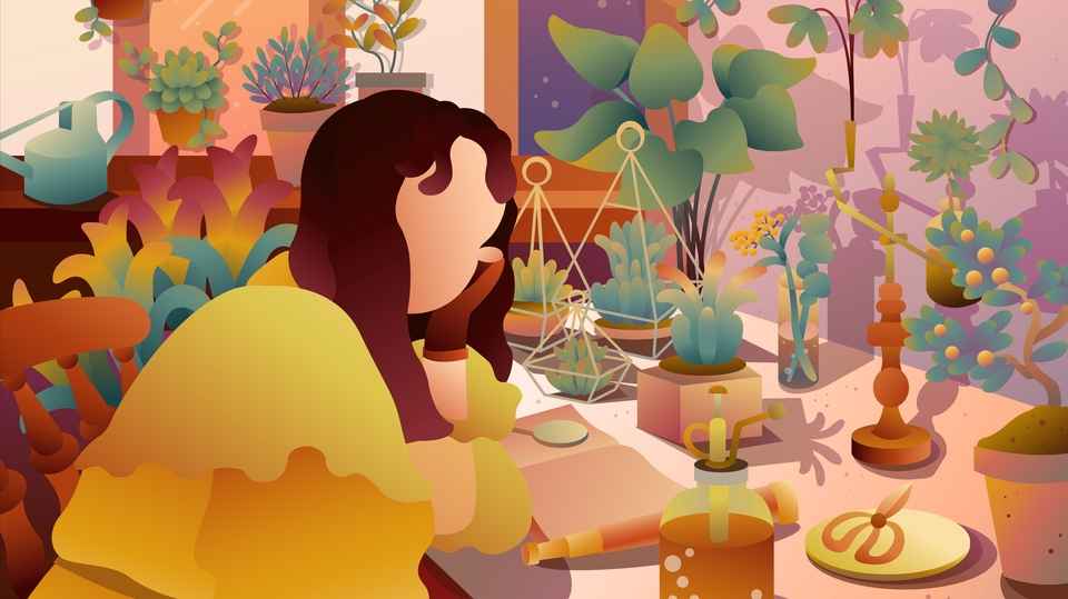 รับวาดภาพเวกเตอร์ ผู้หญิงผมสีน้ำตาลเข้ม นั่งในร้านกาแฟ ภาพวาดมือ