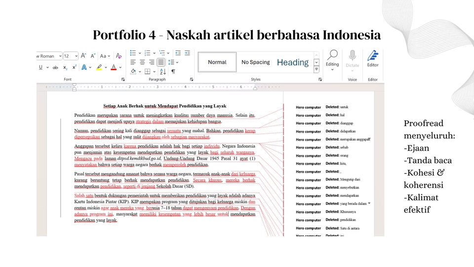 Contoh jasa proofreading naskah artikel bahasa Indonesia dengan tanda baca, ejaan, kohesi, dan kalimat yang efektif