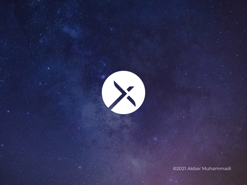 Logo desain X abstrak dengan latar belakang galaksi bintang, cocok untuk perusahaan startup dan bisnis modern.