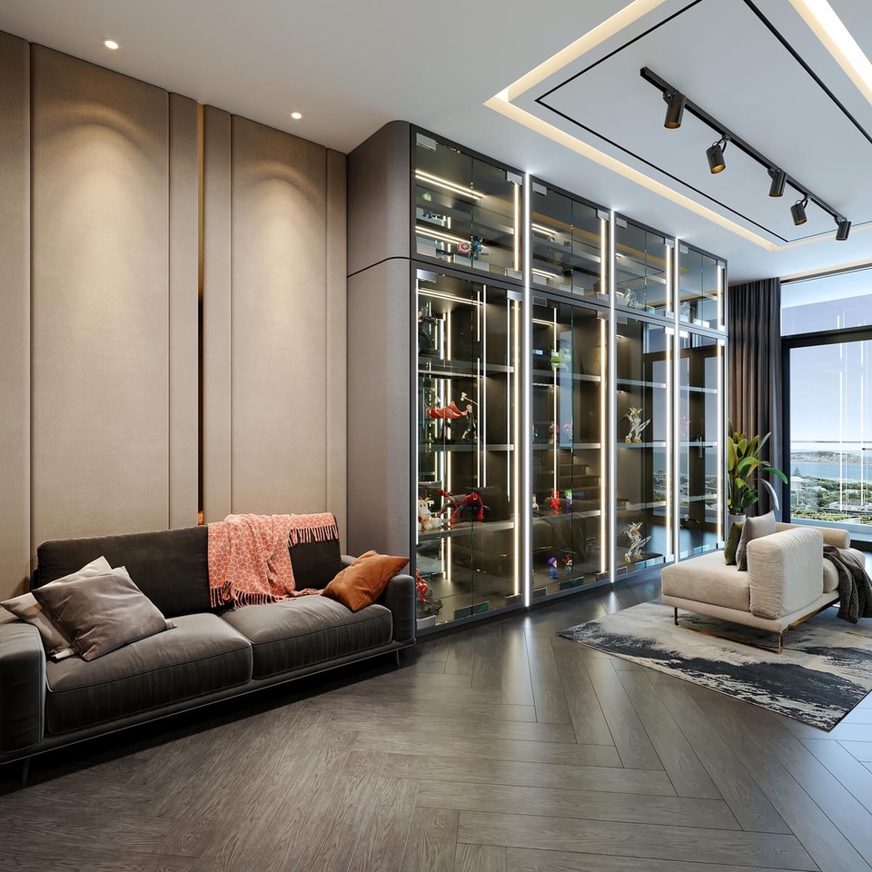 Jasa desain interior apartemen mewah dengan ruang tamu dan lemari kaca minimalis, desain interior 3D, interior apartemen studio, desain rumah mewah, desain rumah minimalis.