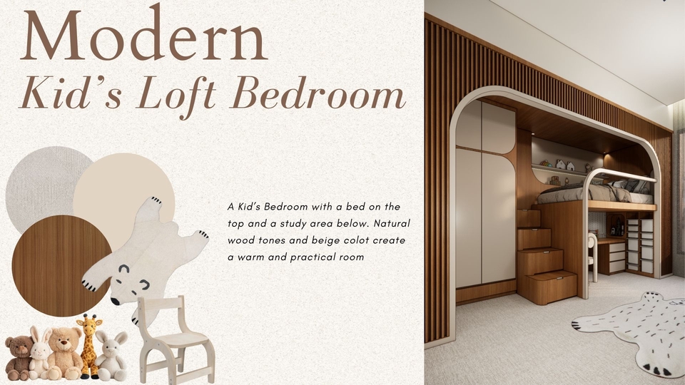 Desain kamar tidur anak modern dengan desain lofting, memaksimalkan ruang dengan tempat tidur dan meja belajar yang efisien.