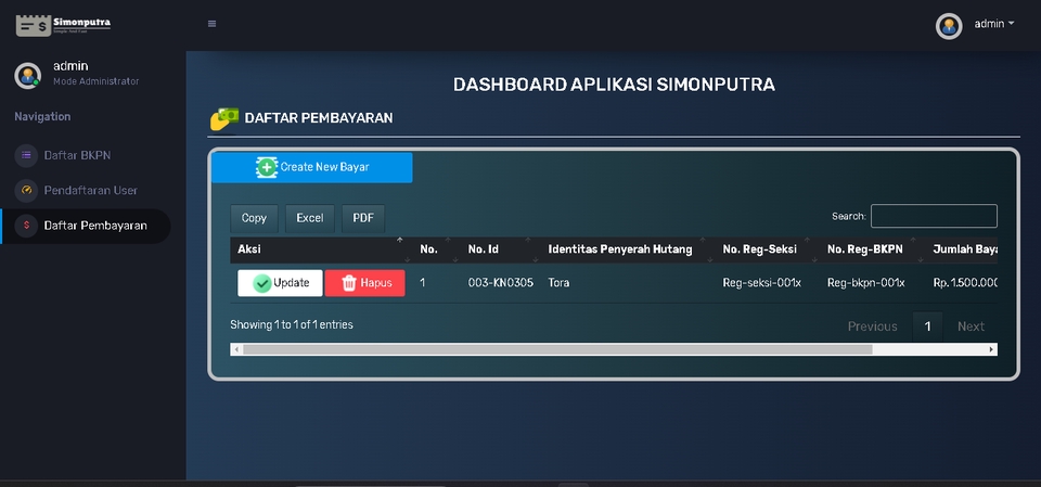 Dashboard aplikasi Simonputra dengan daftar pembayaran untuk jasa pembuatan website. Terdapat fitur create new bayar, update, dan delete, serta menampilkan kolom nomor, id, identitas, nomor registrasi, dan jumlah biaya.