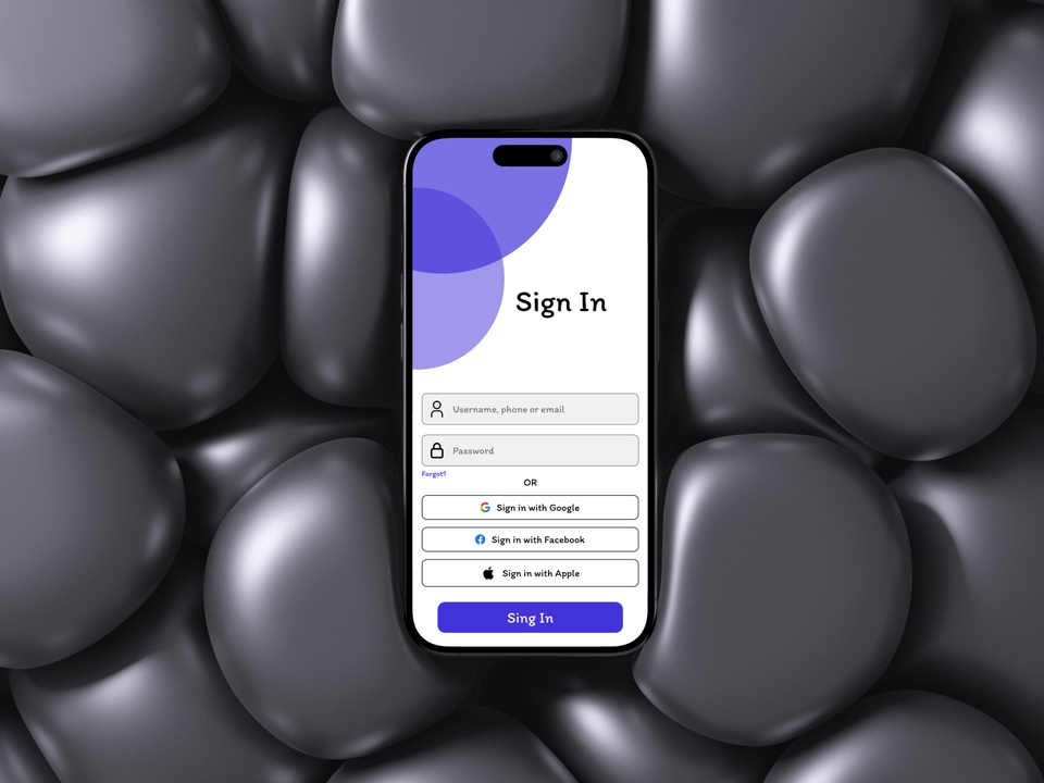 Desain mockup aplikasi mobile untuk login dengan teks "Sign In" di tengah halaman