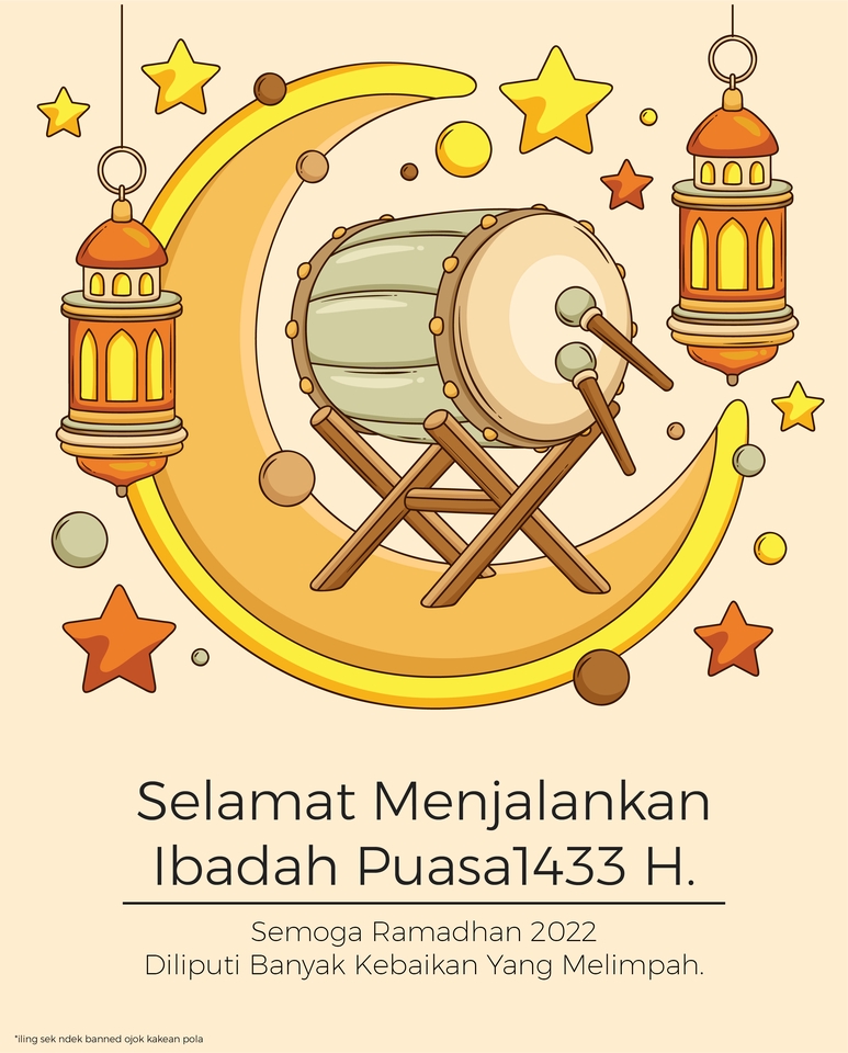 Kartu ucapan selamat menjalankan ibadah puasa 1433 H dengan desain unik dan modern, dilengkapi gambar bedug dan bulan sabit, cocok untuk media sosial.